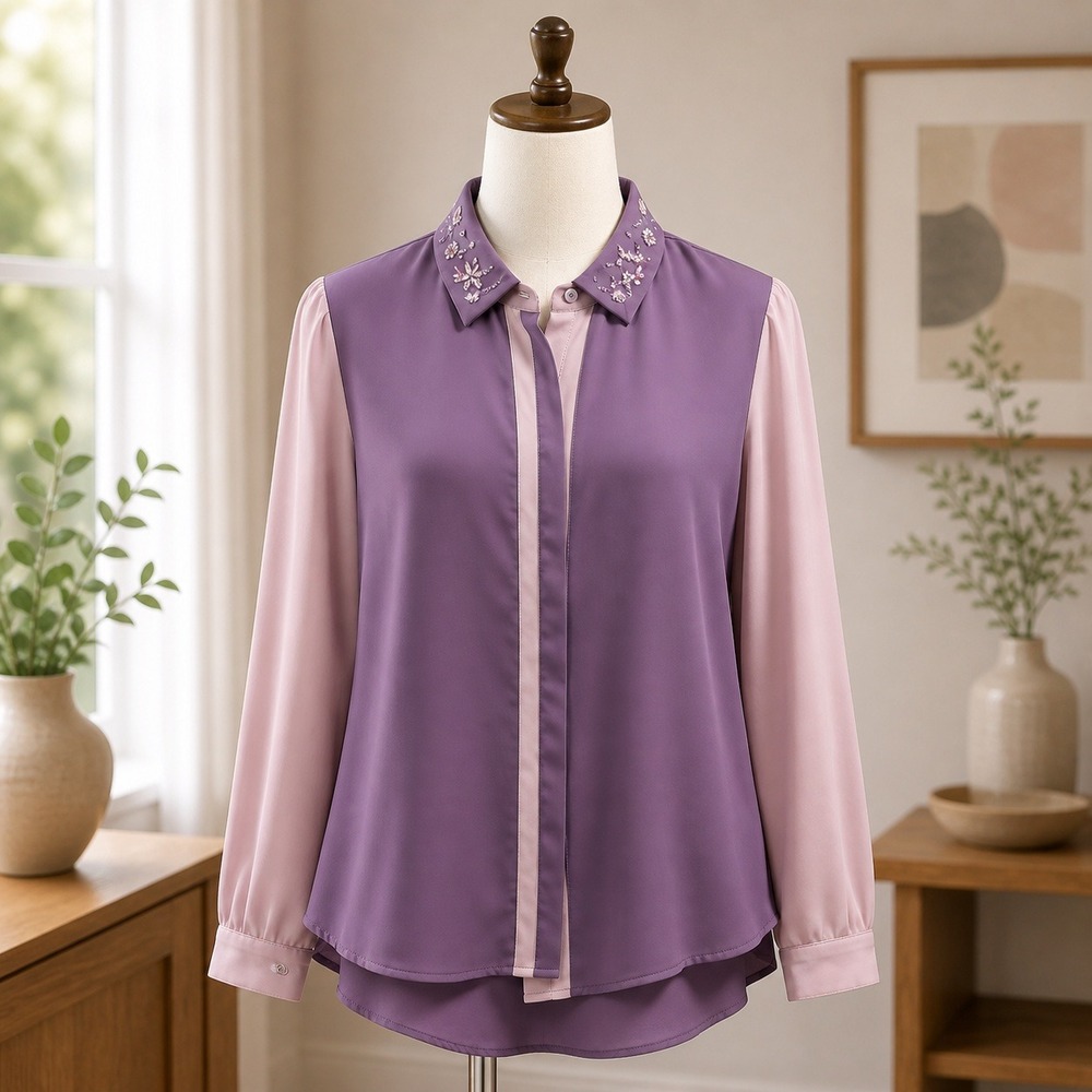 Princess Vera Wang Purple Colorblock‎ Beaded Blouse Womens Large Long Sleeve